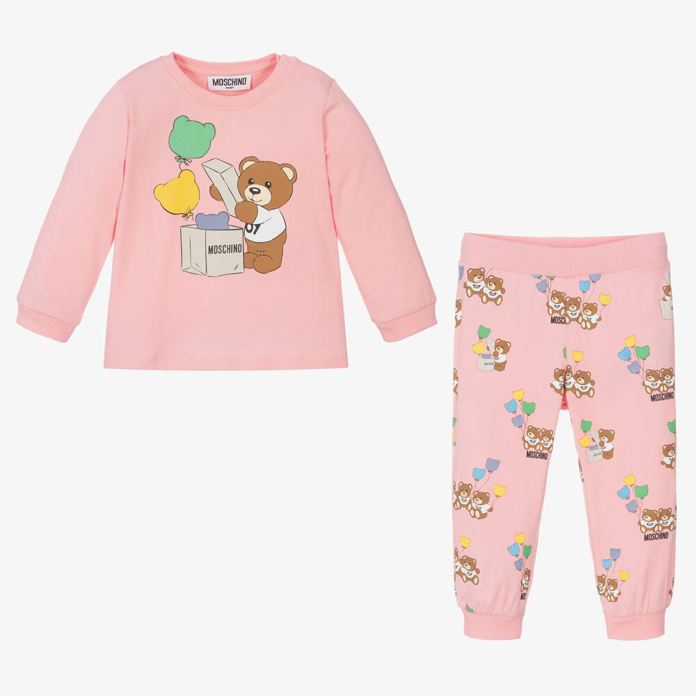 Moschino Baby-Girls Pink Cotton Teddy Bear Trouser Set | Childrensalon Outlet