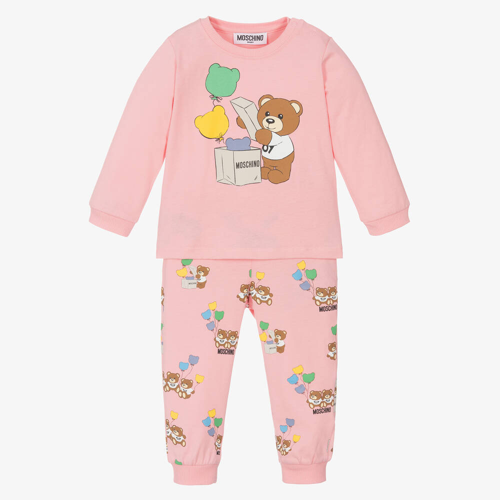 Moschino Baby Girls Pink Cotton Teddy Bear Trouser Set Childrensalon Outlet