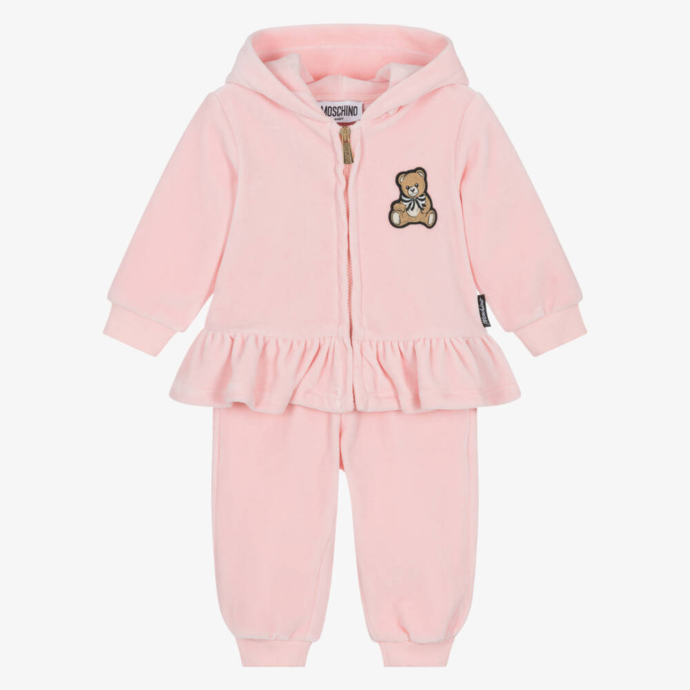 Moschino-Girls Pink Cotton Velour Tracksuit | Childrensalon Outlet