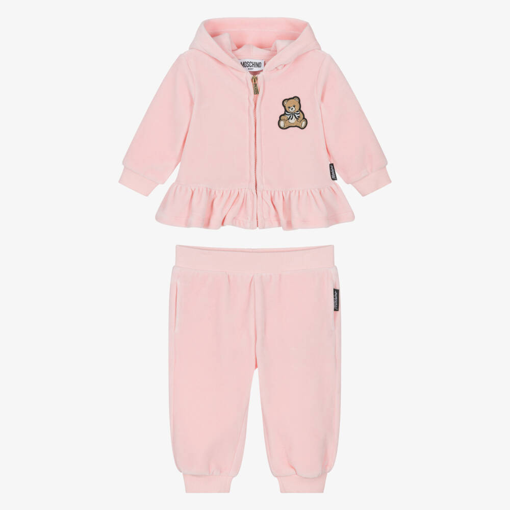Moschino-Girls Pink Cotton Velour Tracksuit | Childrensalon Outlet