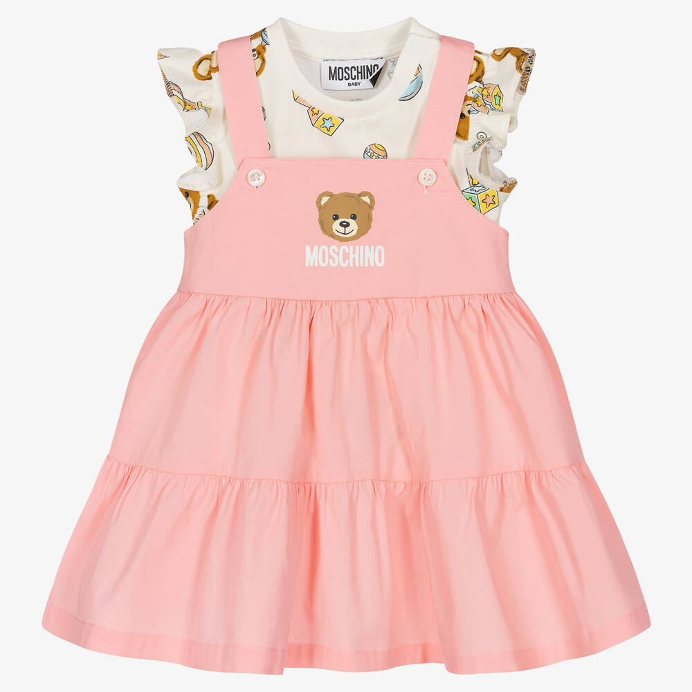 Moschino Baby - طقم فستان أطفال بناتي قطن لون زهري وعاجي | Childrensalon