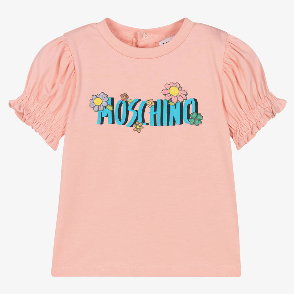 Moschino Baby - Girls Pink Flower Logo T-Shirt  | Childrensalon