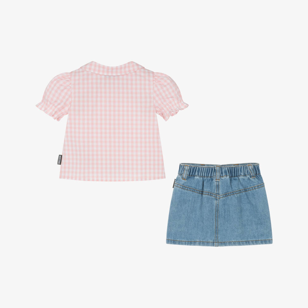 Moschino-Girls' Pink Gingham Blouse & Denim Skirt | Childrensalon Outlet