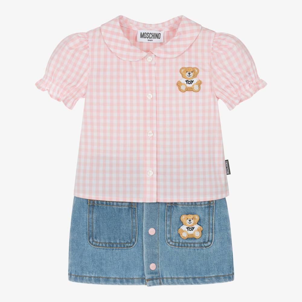 Moschino-Розовая блузка в клетку и джинсовая юбка для девочек | Childrensalon Outlet
