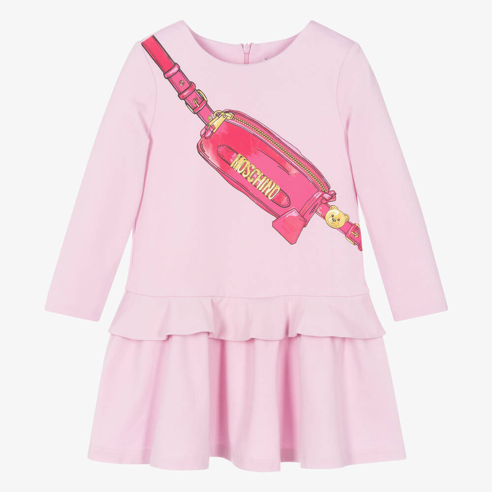 Moschino Кид-Тин-Розовое платье с золотистым принтом-сумкой | Childrensalon Outlet