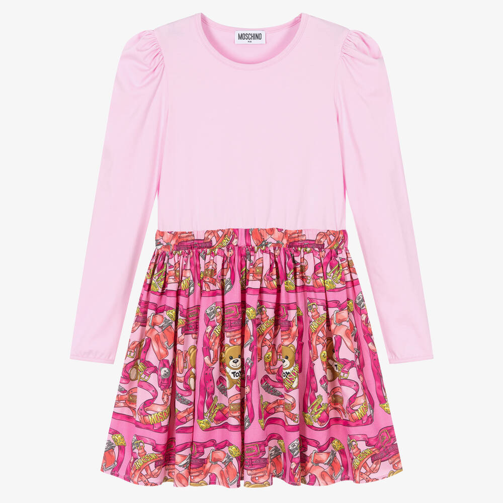 Moschino Kid-Teen - Розовое платье из джерси и шелкового твила | Childrensalon
