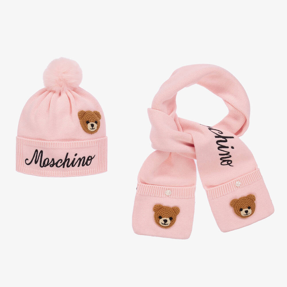 Moschino Kid-Teen - Подарочный комплект из розовой вязаной шапки и шарфа | Childrensalon