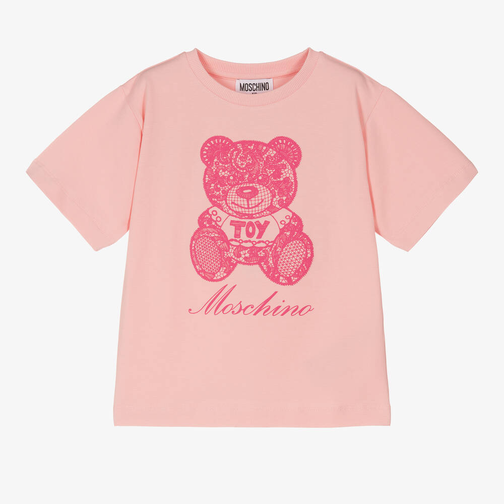 Moschino Kid-Teen - Розовая футболка макси с кружевным медвежонком | Childrensalon