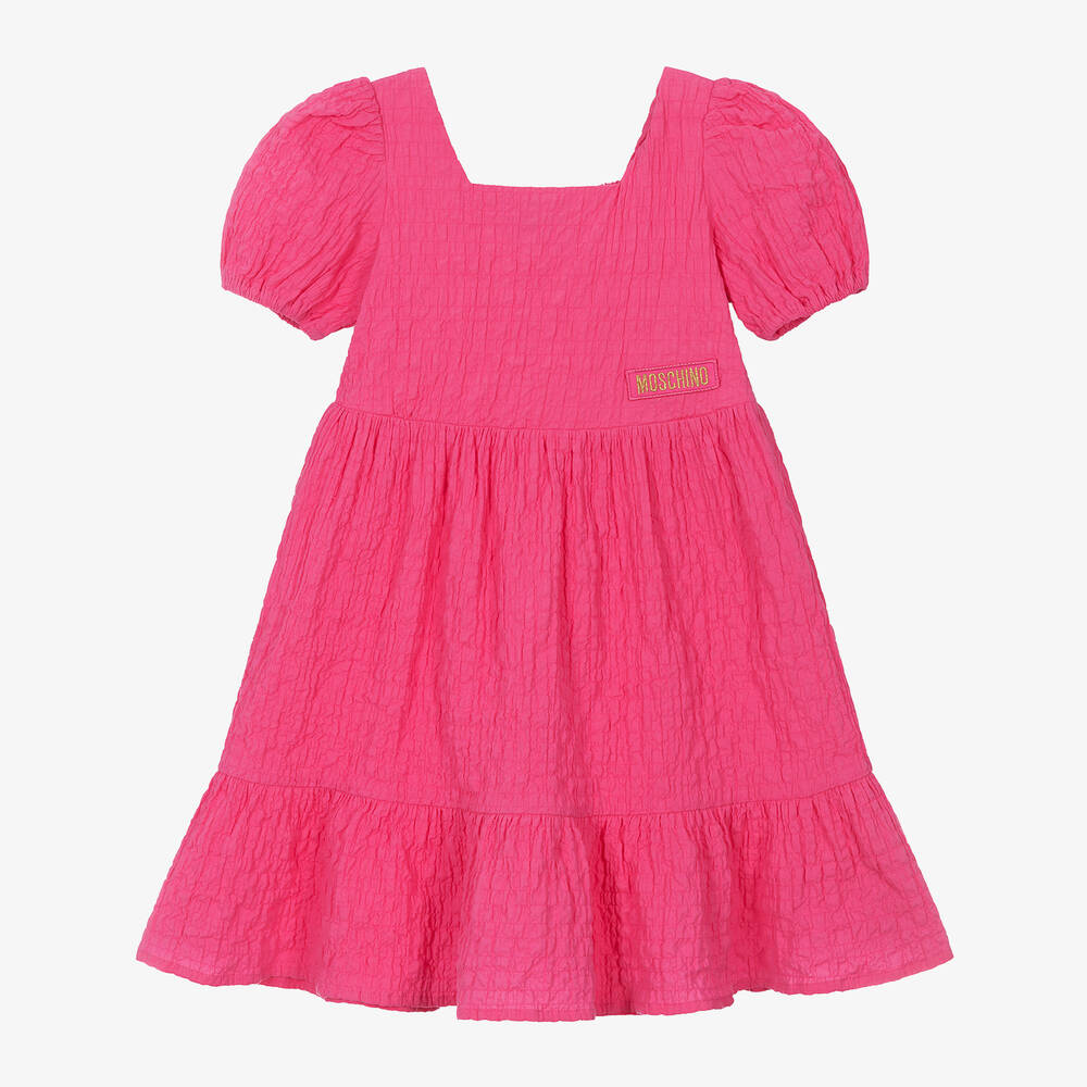 Moschino Kid Teen Girls Pink Puffed Sleeve Cotton Dress Childrensalon Outlet