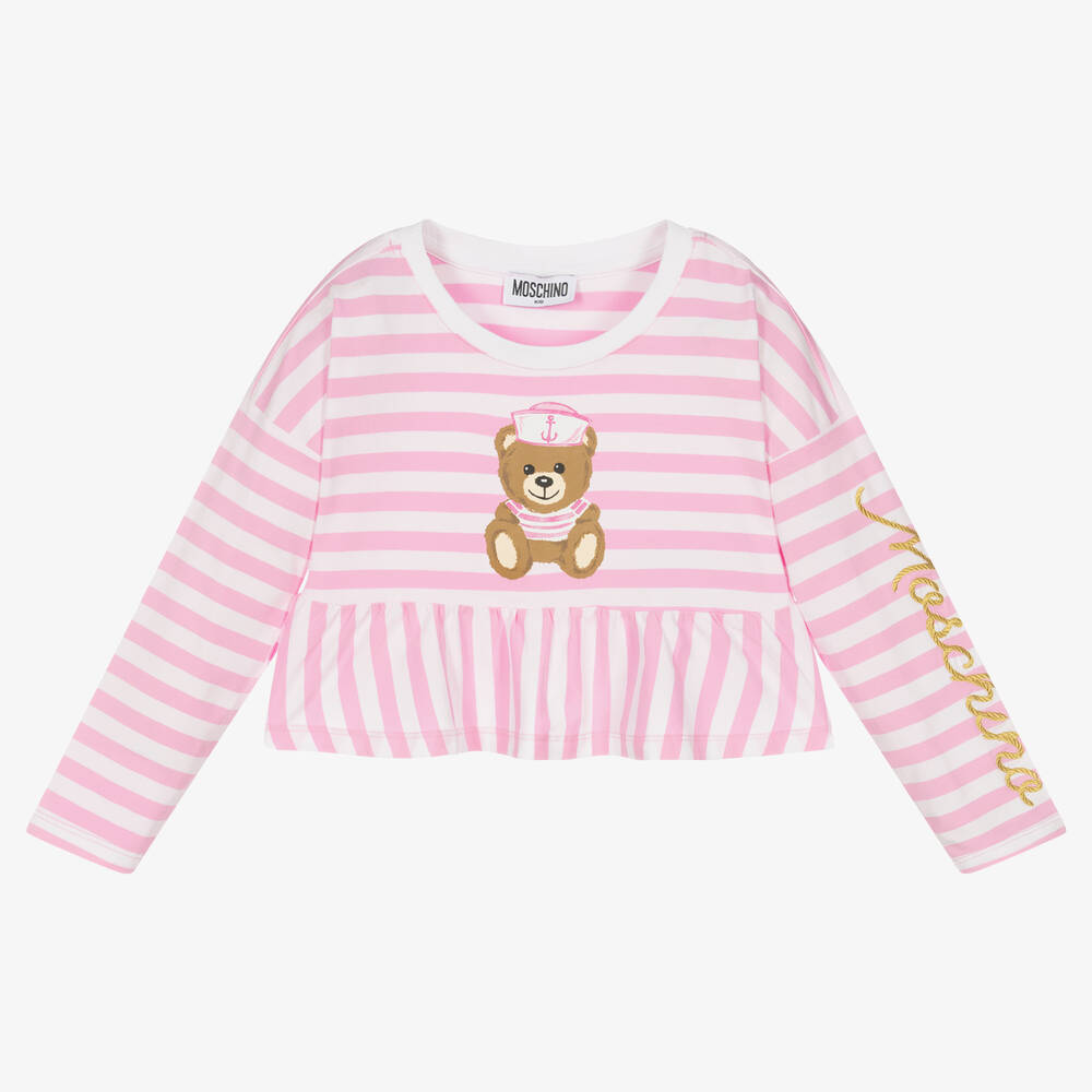 Moschino Kid-Teen - T-shirt rose rayé en coton nounours | Childrensalon