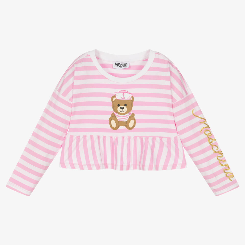 Moschino Kid-Teen-Girls Pink Stripe Cotton Teddy Logo T-Shirt | Childrensalon Outlet