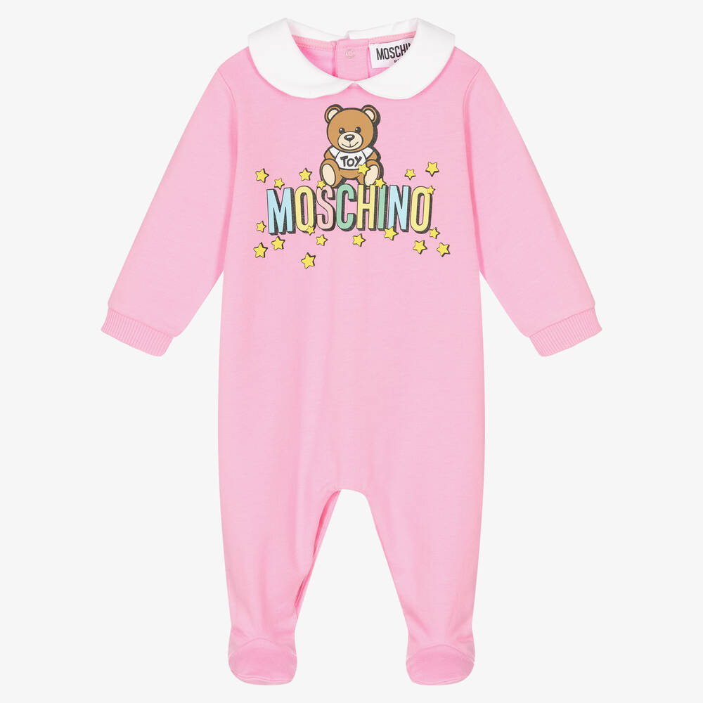 Moschino Baby - Girls Pink Teddy Bear Cotton Babygrow | Childrensalon