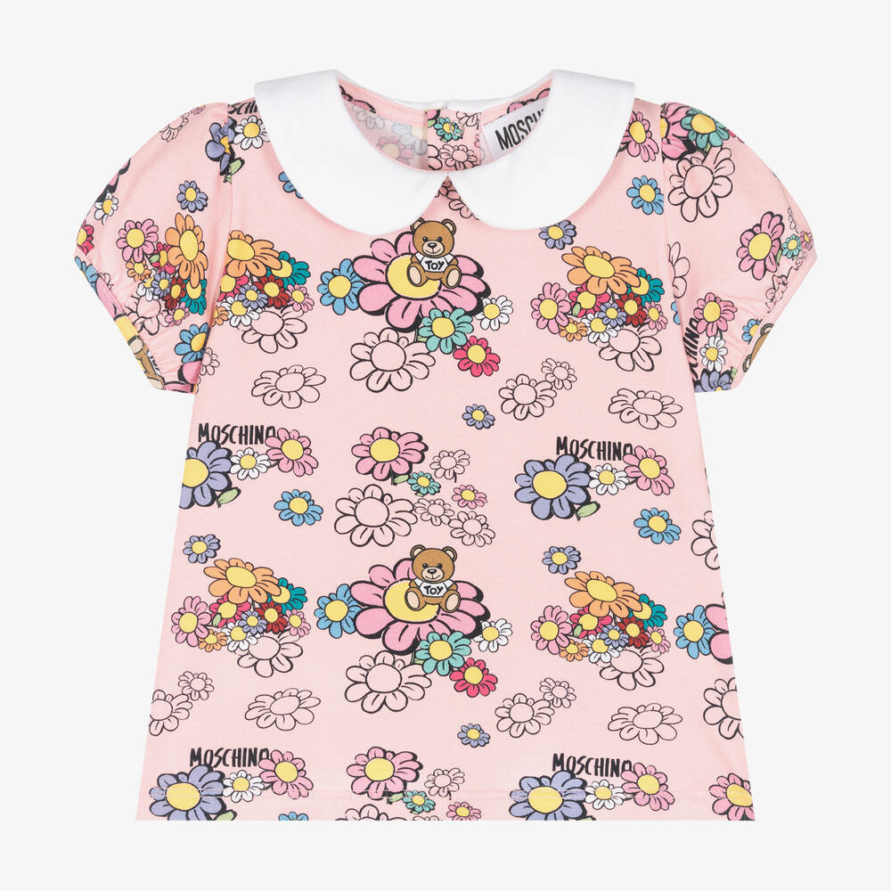 Moschino Baby - Girls Pink Teddy Bear & Flower T-Shirt | Childrensalon