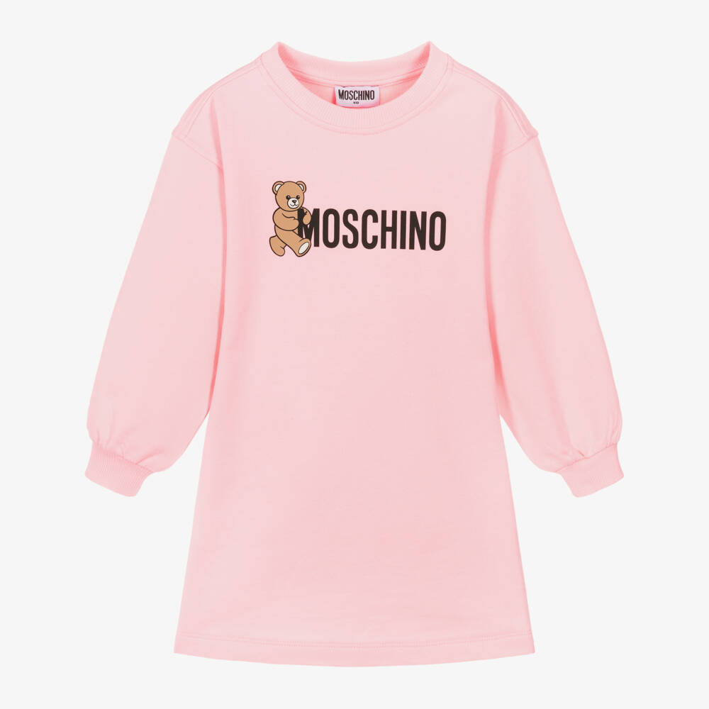 Moschino-Girls Pink Teddy Bear Logo Cotton Jersey Sweatshirt Dress | Childrensalon Outlet