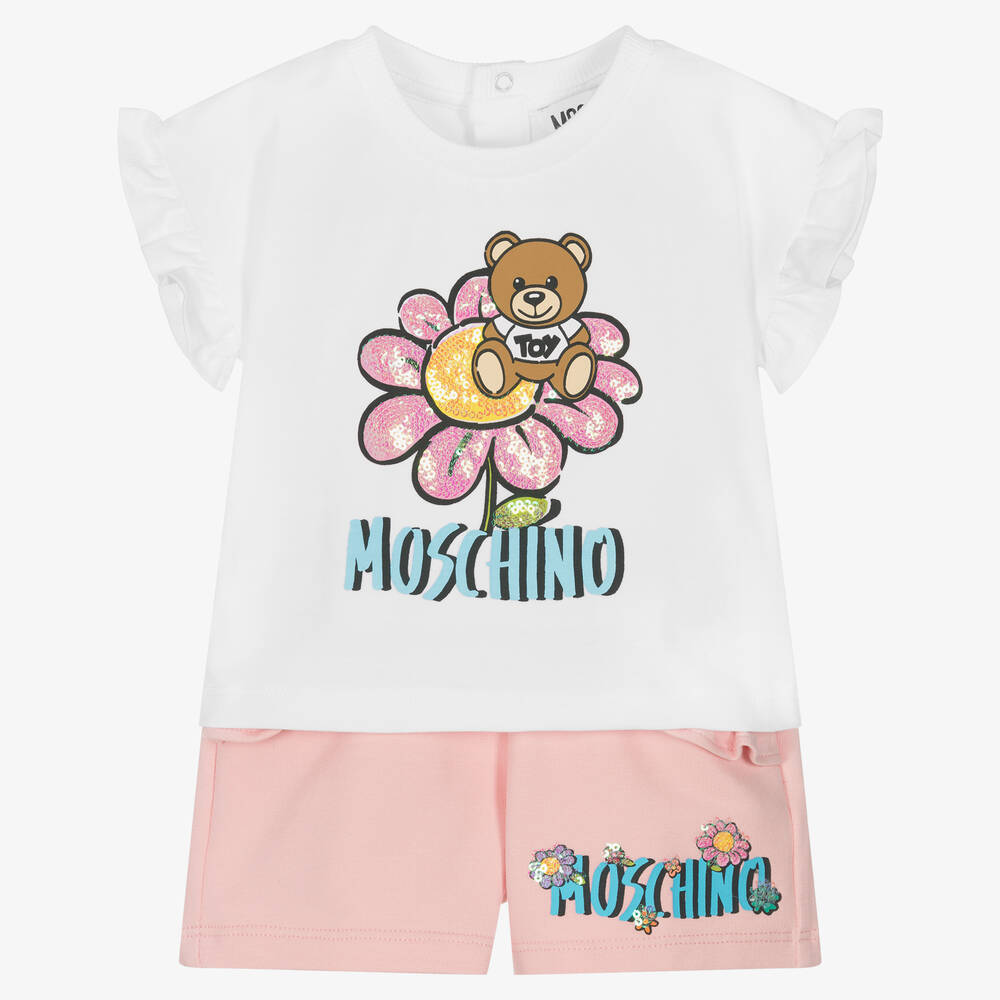 Moschino Baby - Girls Pink Teddy Cotton Shorts Set | Childrensalon