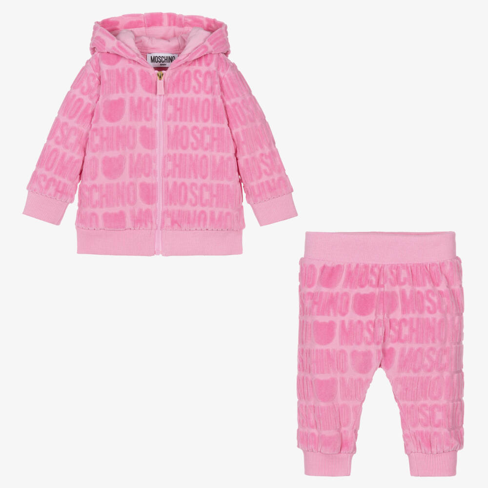 Moschino Baby-Girls Pink Velour Logo Set | Childrensalon Outlet