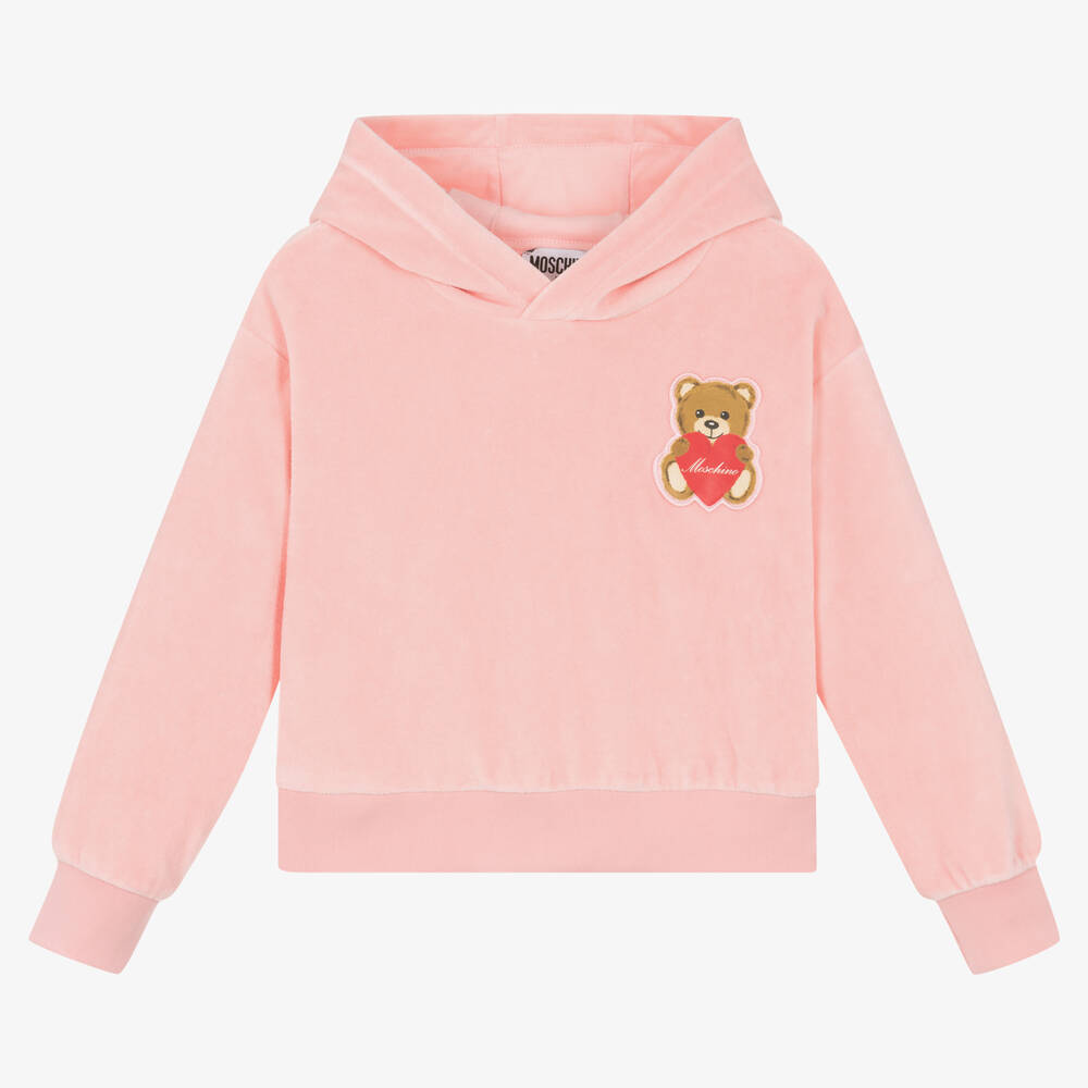 Girls Pink Velour Teddy Bear Hoodie