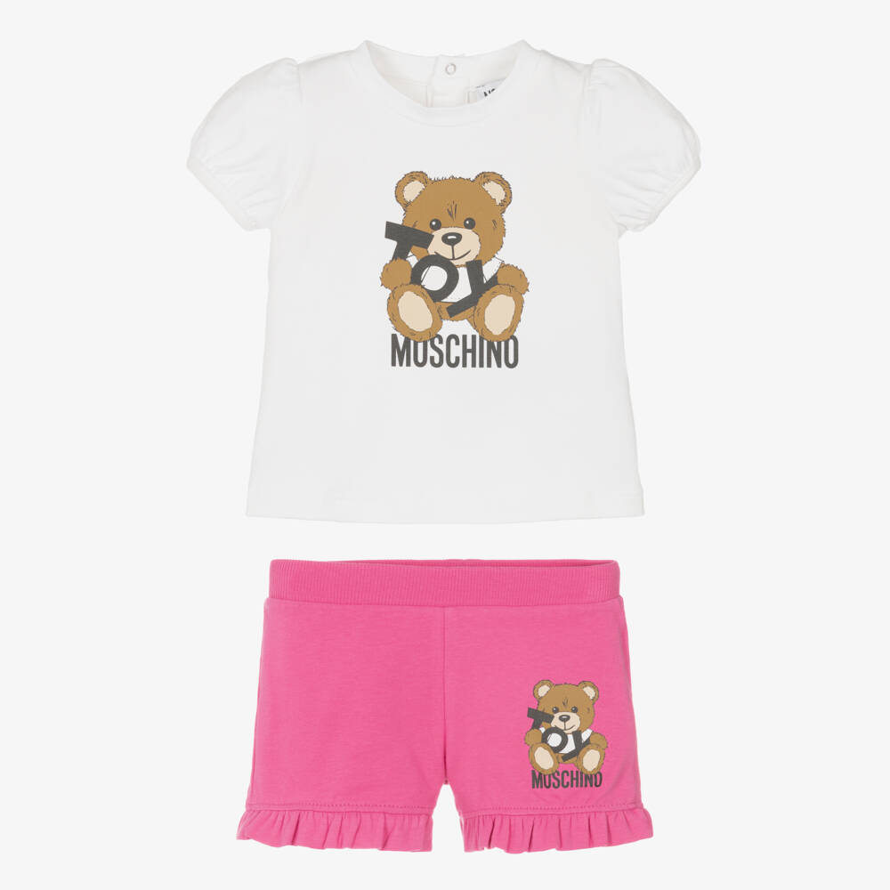 Moschino-Набор из розового и белого хлопка с медвежонком для девочек | Childrensalon Outlet