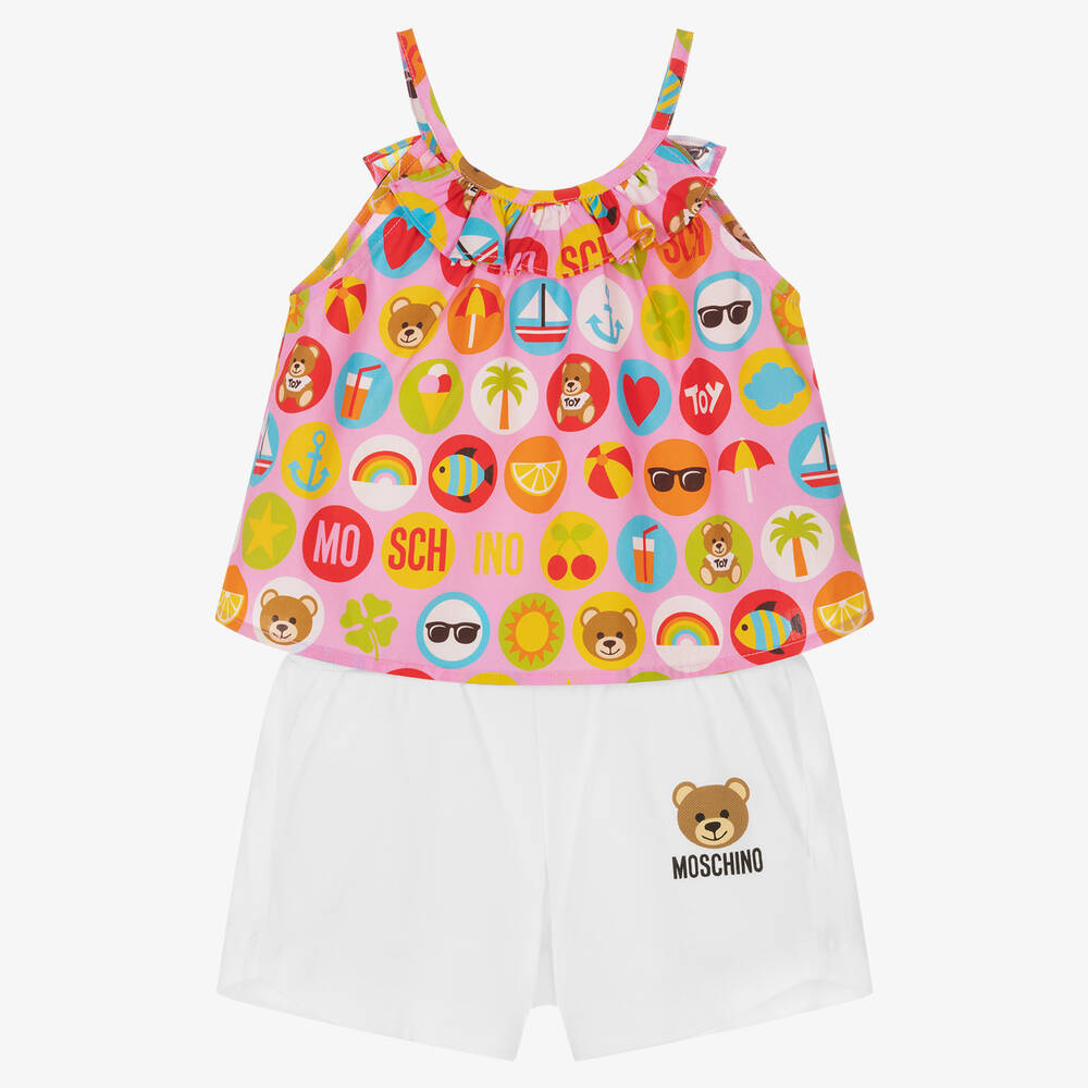 Moschino Kid-Teen - Girls Pink & White Cotton Logo Shorts Set | Childrensalon