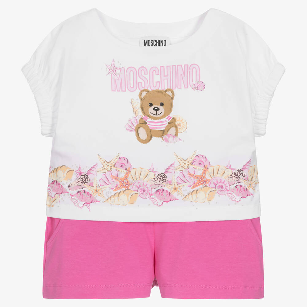 Moschino Kid-Teen - Girls Pink & White Cotton Logo Shorts Set | Childrensalon