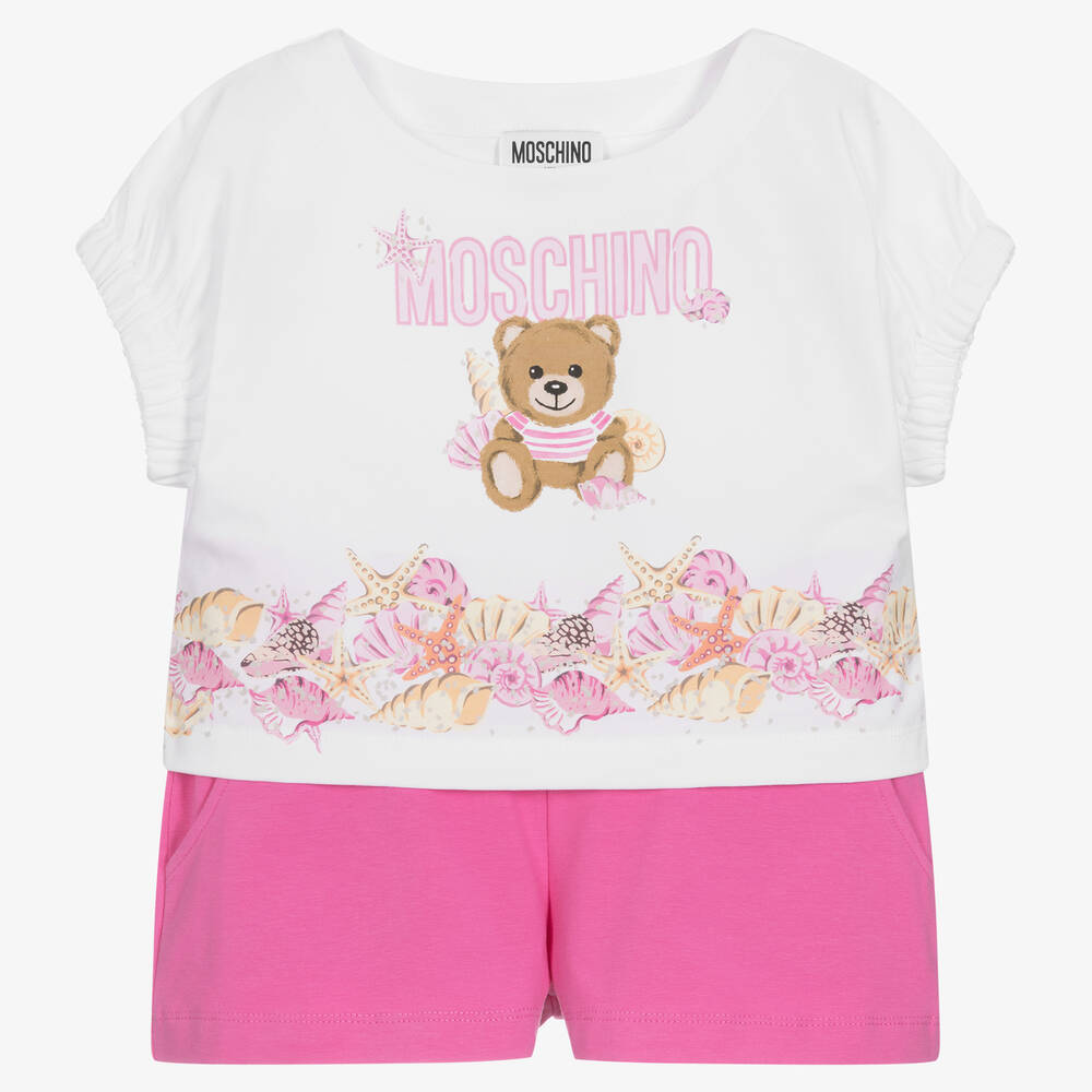 Moschino Kid-Teen-Girls Pink & White Cotton Logo Shorts Set | Childrensalon Outlet