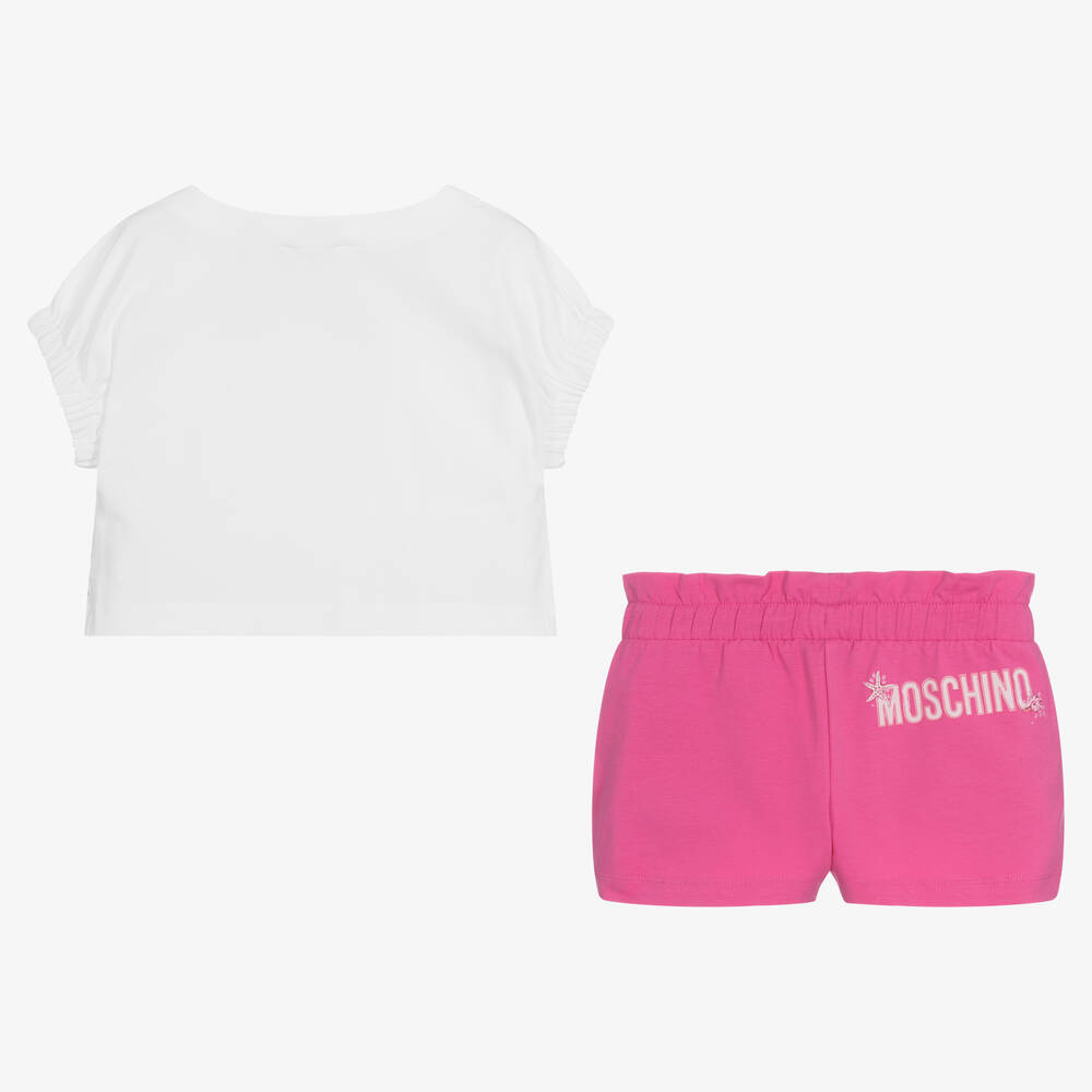 Moschino Kid-Teen-Girls Pink & White Cotton Logo Shorts Set | Childrensalon Outlet