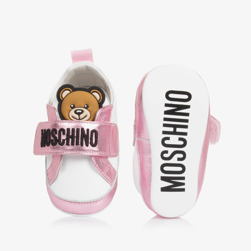 Moschino-Girls Pink & White Leather First Steps | Childrensalon Outlet