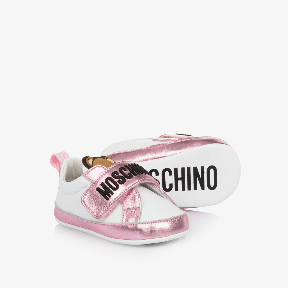 Moschino-Girls Pink & White Leather First Steps | Childrensalon Outlet