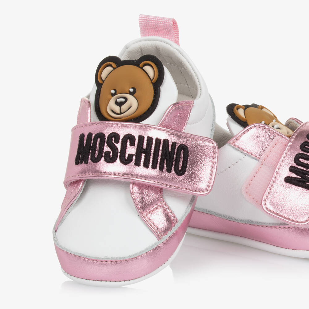 Moschino-Girls Pink & White Leather First Steps | Childrensalon Outlet