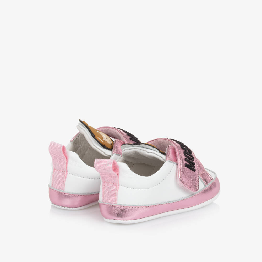 Moschino-Girls Pink & White Leather First Steps | Childrensalon Outlet