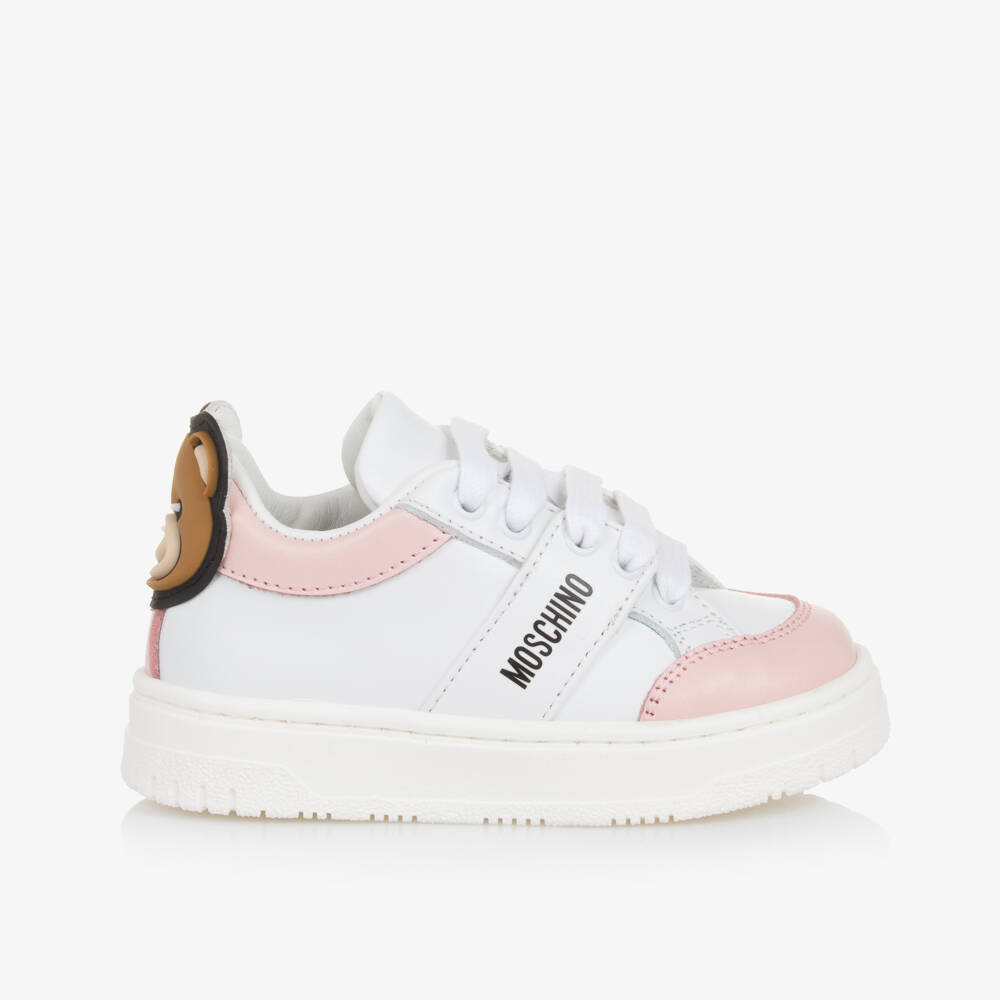 Moschino-Girls Pink & White Leather Sneakers | Childrensalon Outlet