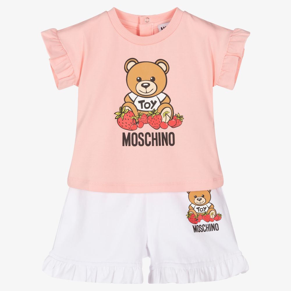 Moschino Baby - طقم شورت أطفال بناتي قطن جيرسي لون زهري وأبيض | Childrensalon