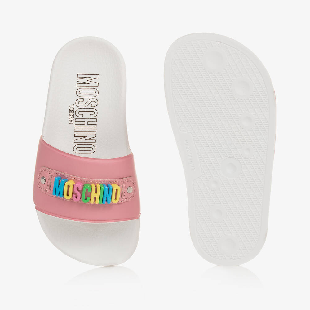 Moschino Kid-Teen-Girls Pink & White Sliders | Childrensalon Outlet