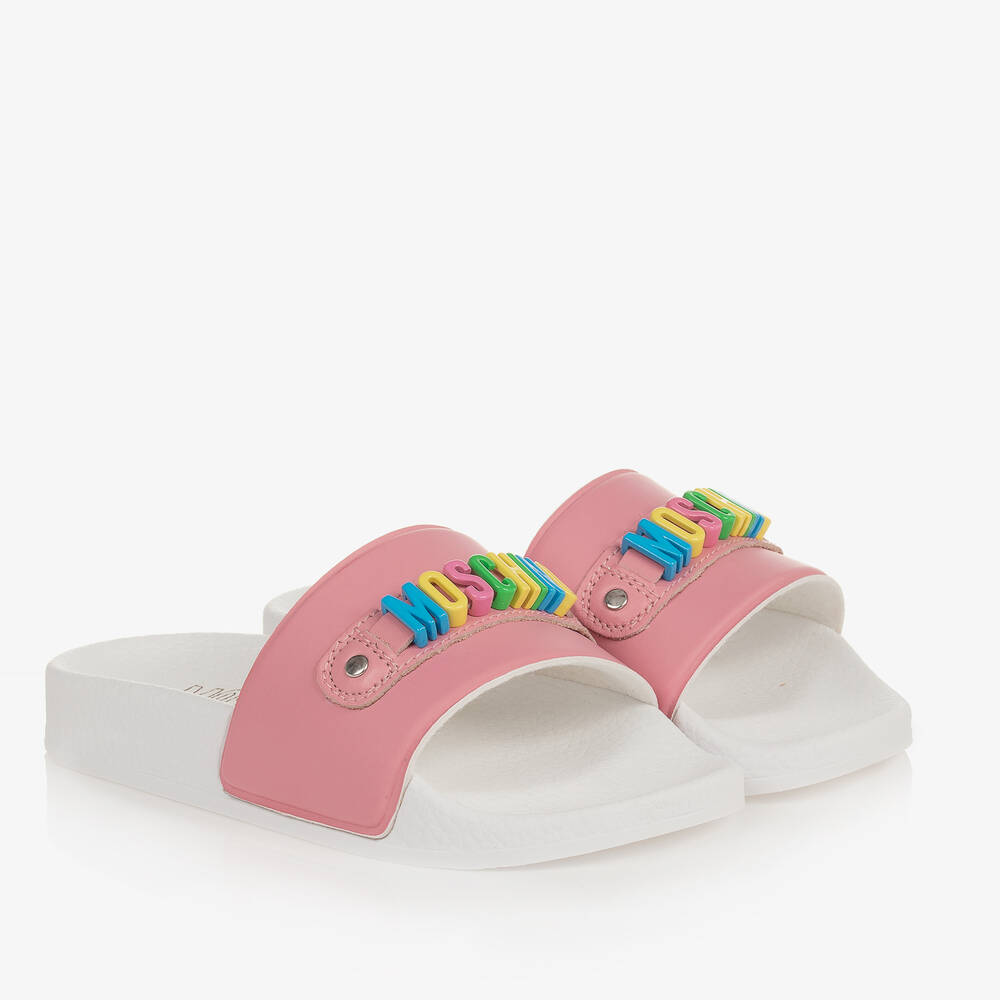 Moschino Kid-Teen-Girls Pink & White Sliders | Childrensalon Outlet