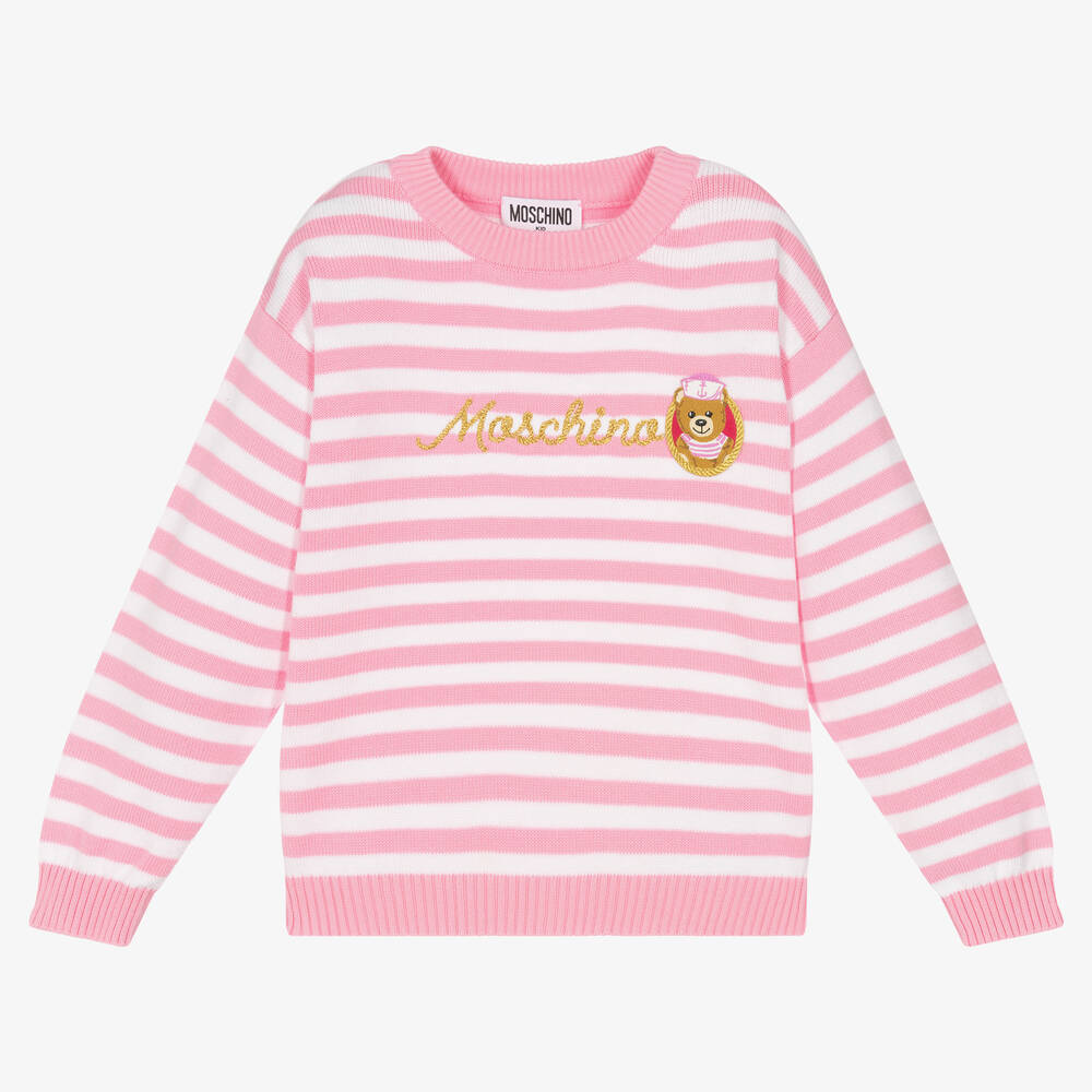 Moschino Kid-Teen - Girls Pink & White Striped Cotton Sweater | Childrensalon