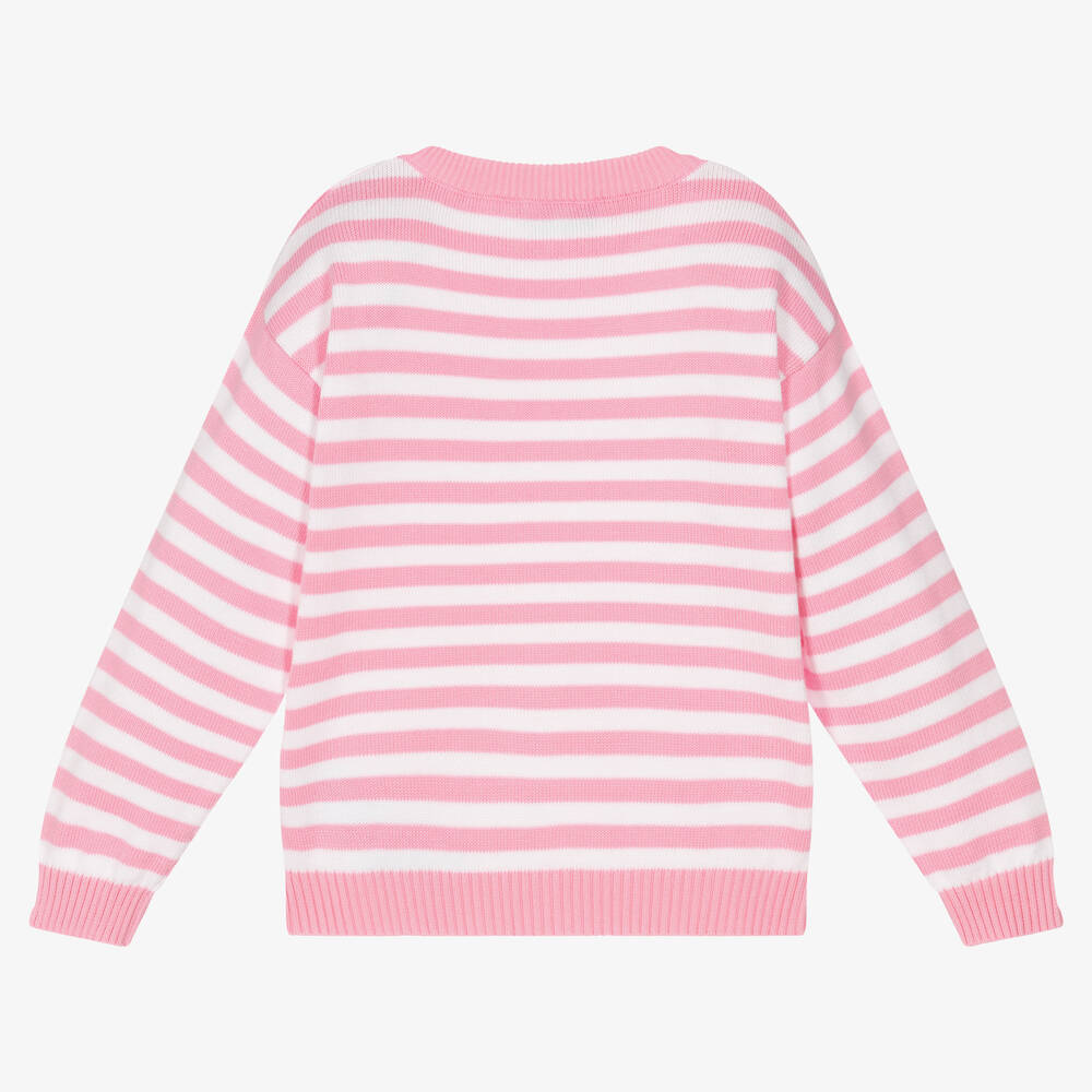 Moschino Kid-Teen-كنزة قطن محبوك مقلم لون زهري وأبيض للبنات | Childrensalon Outlet