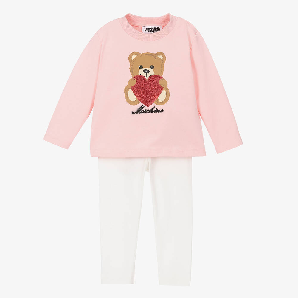 Moschino Baby - Розовый топ с медвежонком и белые легинсы | Childrensalon