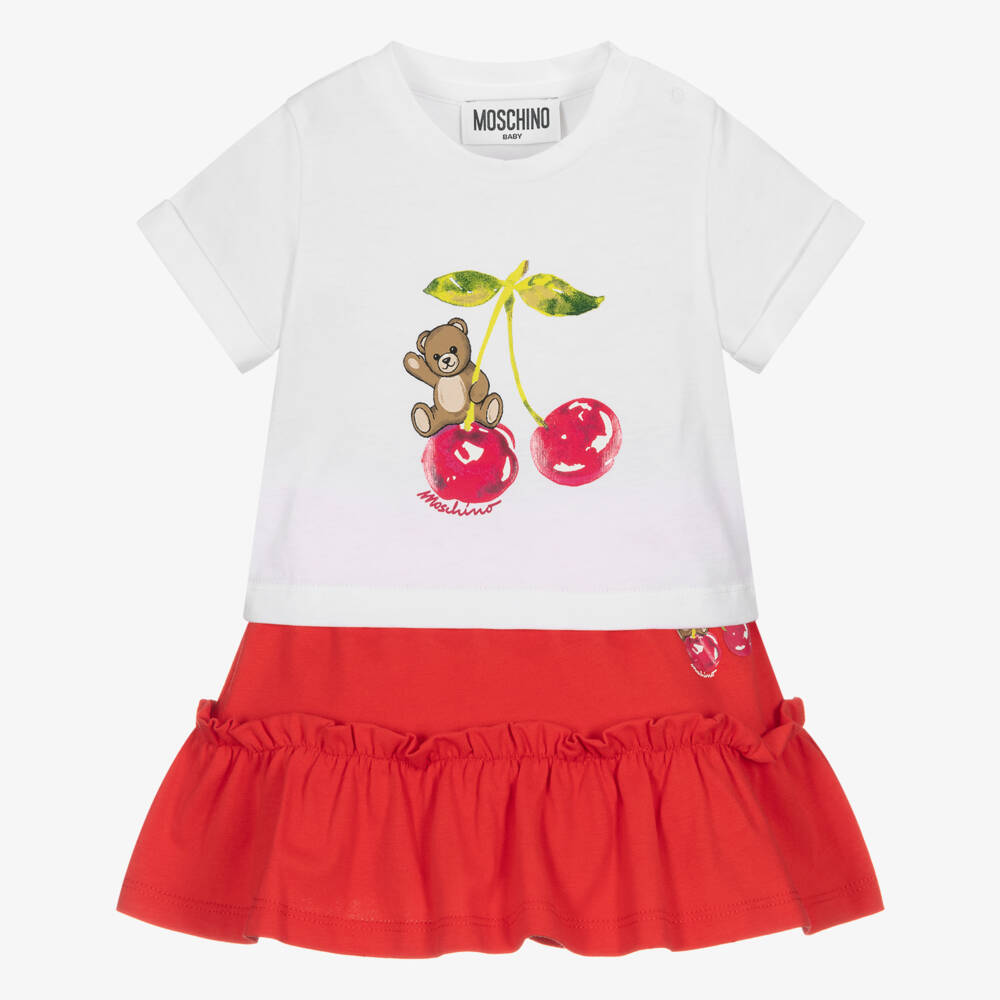 Moschino-Girls Red Cotton Cherry & Teddy Skirt Set | Childrensalon Outlet