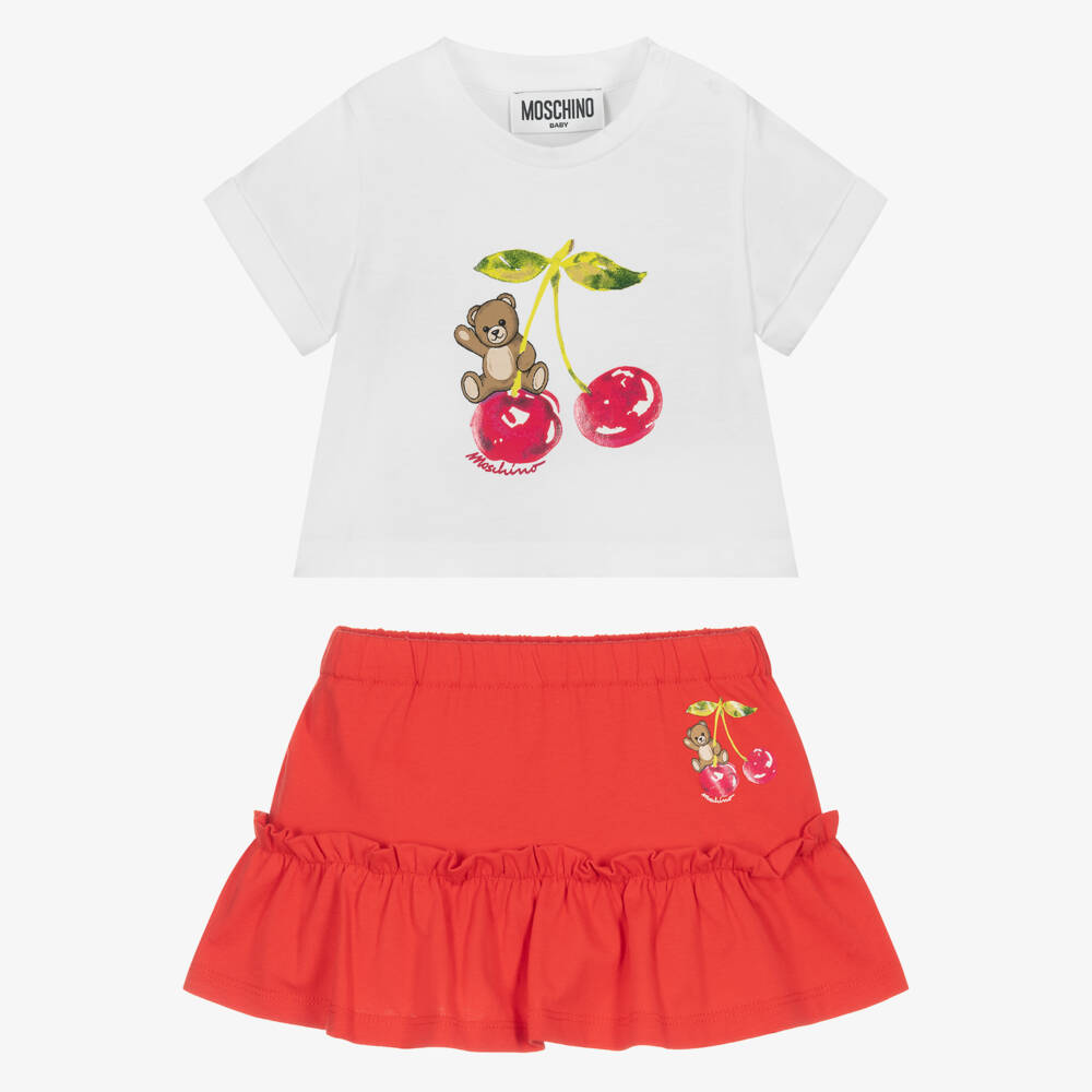 Moschino-Girls Red Cotton Cherry & Teddy Skirt Set | Childrensalon Outlet