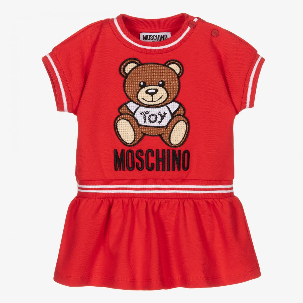 Moschino Baby - فستان أطفال بناتي قطن بيكيه لون أحمر | Childrensalon
