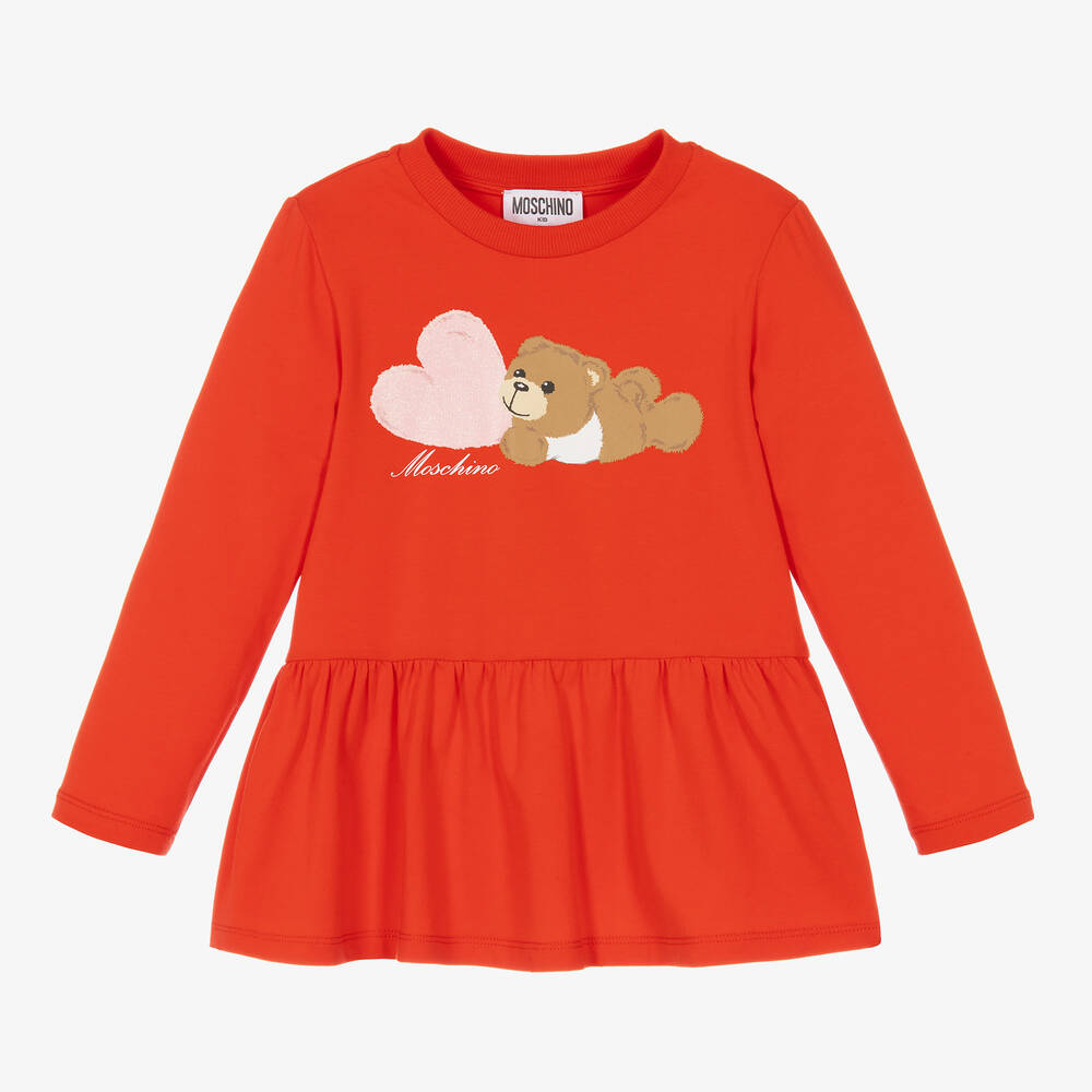 Moschino Kid-Teen - Красный хлопковый топ с сердцем и медвежонком | Childrensalon