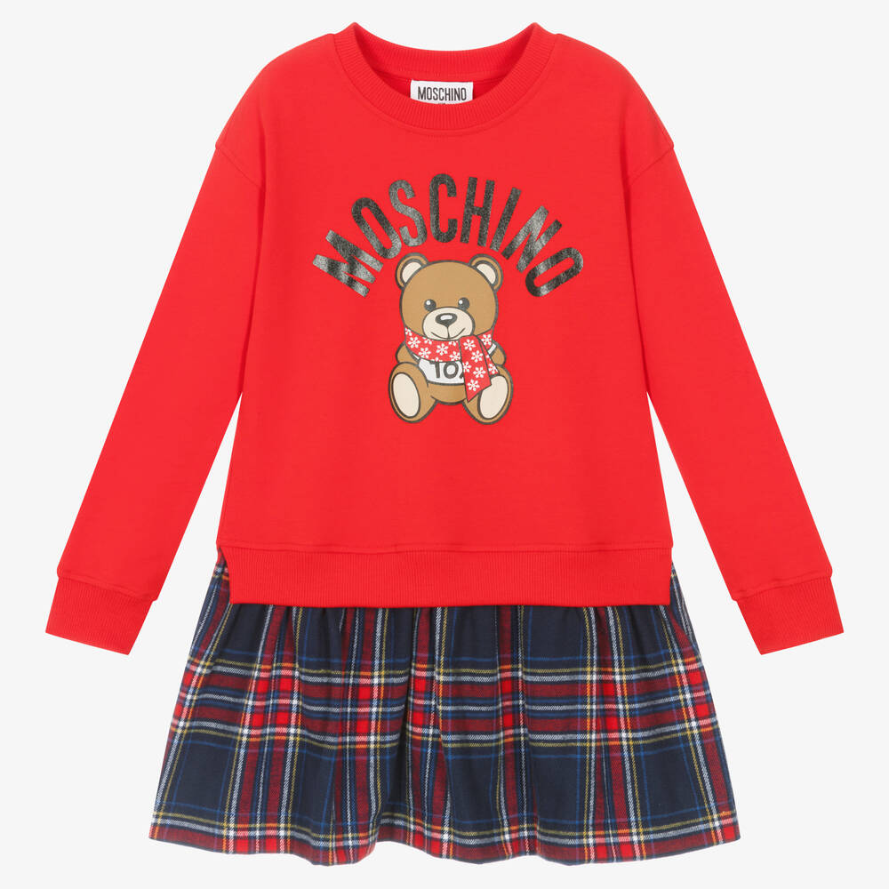 Moschino Kid-Teen - Красное хлопковое платье в клетку с медвежонком | Childrensalon