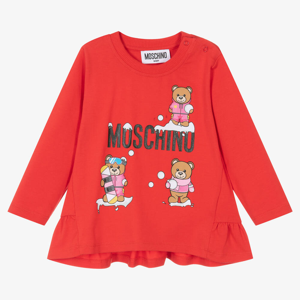 Moschino Baby - Girls Red Festive Teddy Bear Logo Top | Childrensalon