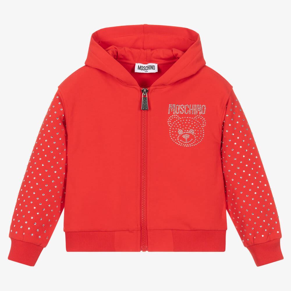 Moschino Kid-Teen - Girls Red Rhinestone Zip-Up Hoodie | Childrensalon