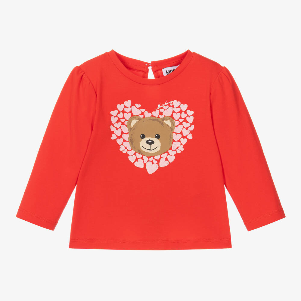 Moschino Baby - توب بطبعة قلوب وتيدي بير قطن جيرسي لون أحمر | Childrensalon