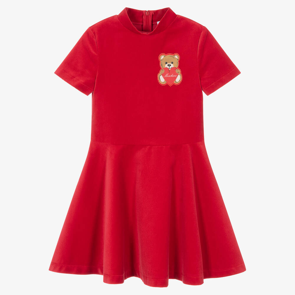 Moschino Kid-Teen - Rotes Samtkleid mit Teddybär | Childrensalon