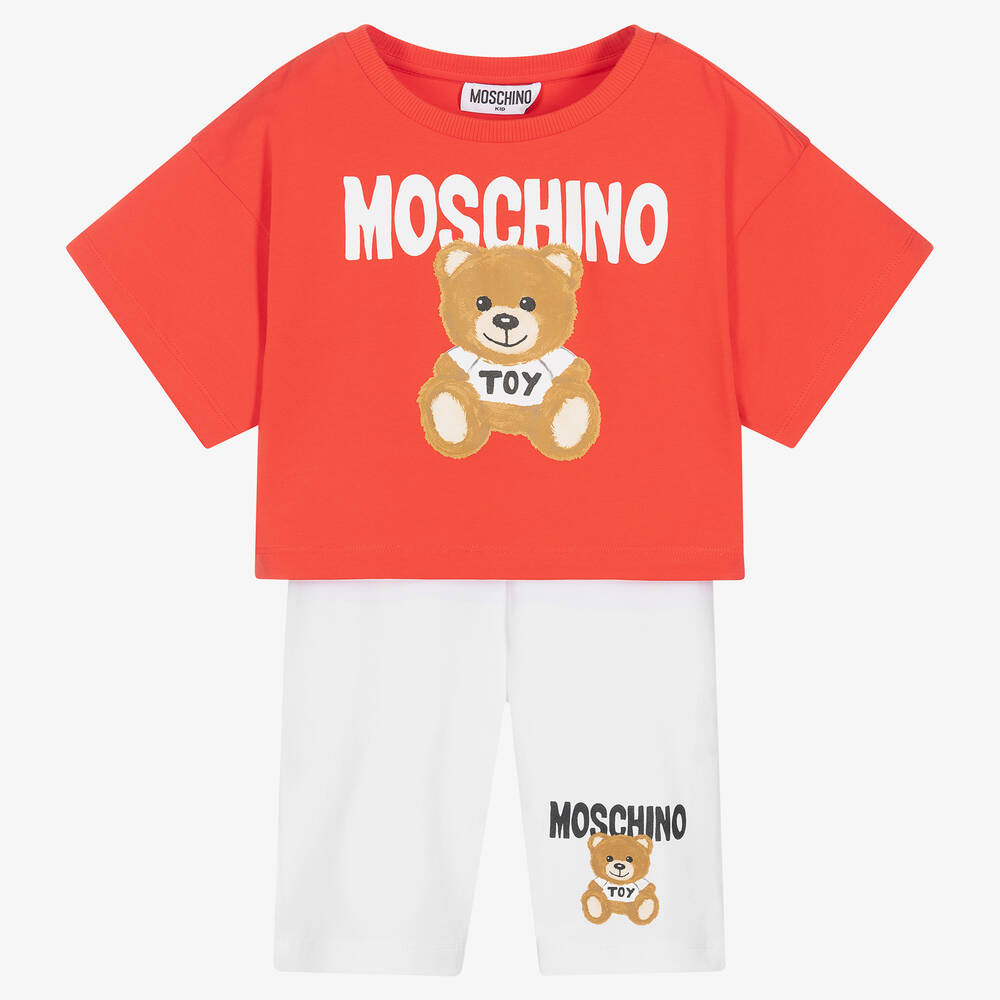 Moschino Kid-Teen - طقم شورت قطن جيرسي لون أحمر وأبيض للبنات | Childrensalon