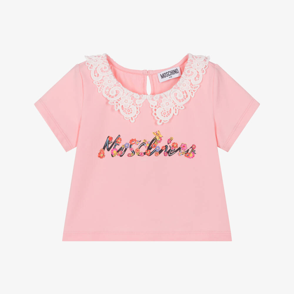 Moschino-Футболка с кружевным воротником для девочек розовая | Childrensalon Outlet