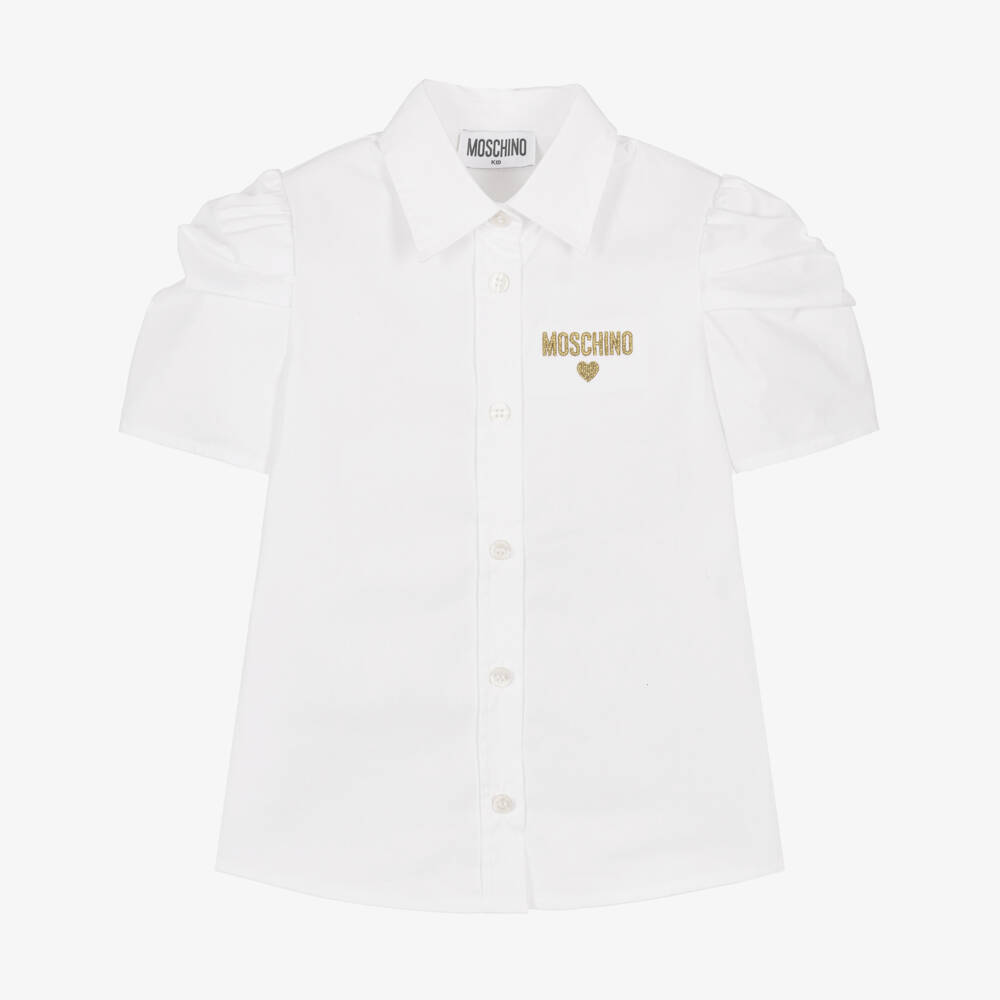 Moschino-بلوزة بنات بأكمام منتفخة وشعار لامع | Childrensalon Outlet