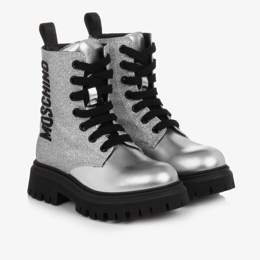 Moschino Kid-Teen - Girls Silver Leather Sparkle Boots | Childrensalon